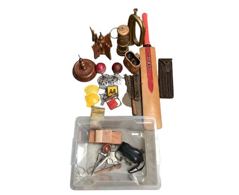 Group of collectables, including a miner's lamp, brass bugle, motoring badges, signed 1973 England cricket bat, etc