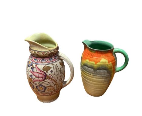 Charlotte Rhead Bursley Ware jug, 23.5cm high, together with a Shelley jug, 20.5cm high, and two other Art Deco vases (4)