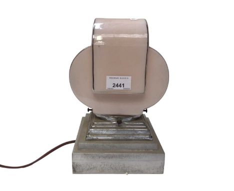 Art deco chromium plated and pink tinted glass lamp, 25cm high