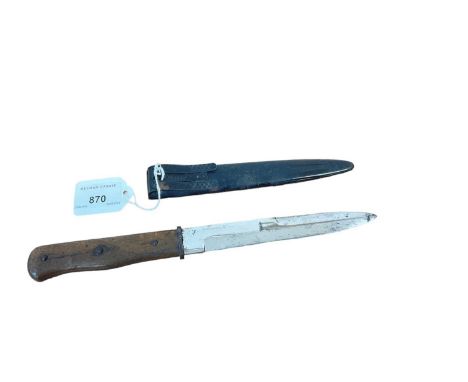 Second World War Nazi German Trench / boot knife with riveted wooden grips, polished steel blade in a black painted steel sca