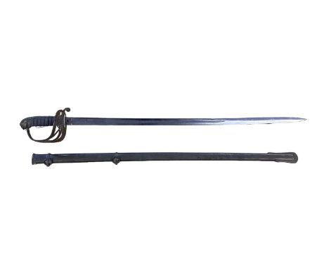 Victorian 1845 Pattern Infantry Officers sword with brass gothic hilt, etched fullered blade in brass Field Officers scabbard