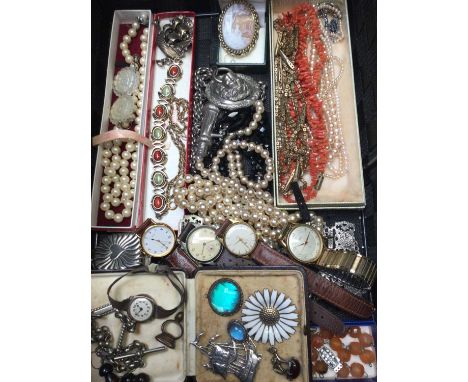 Group of antique and vintage costume jewellery including a Victorian gilt metal long guard chain, silver mounted butterfly wi