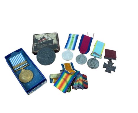 First World War R.M.S. Lusitania medal in box of issue, together with a United Nations Korea medal and group of replica campa