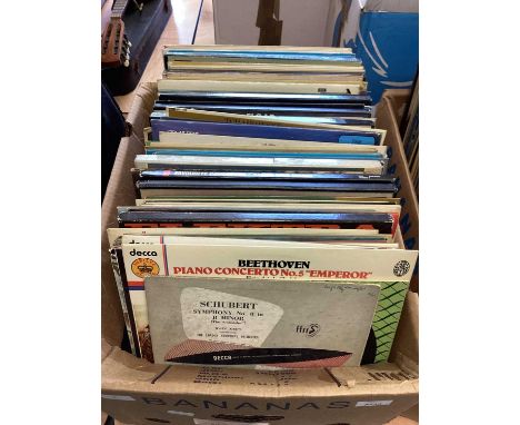 Four boxes of LP records and some boxed sets on the Decca label, including Mozart, Rachmaninov, Beethoven, Chopin, Tchaikovsk
