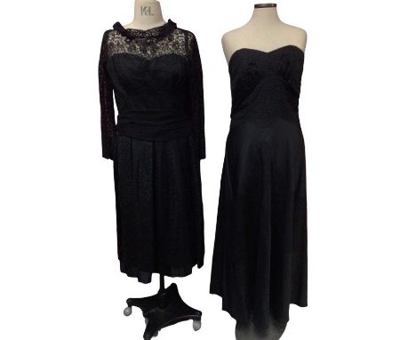 1950's black evening ware including boned strapless cord-work gown, two allover lace dresses one by Bijou, backless dress wit