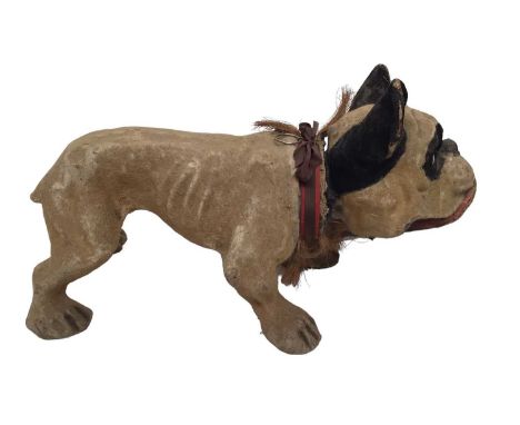 Vintage French c1890 papier-mâché pull toy Bulldog growler with nodding headNose has a crack, wear to plush surface, mouth op