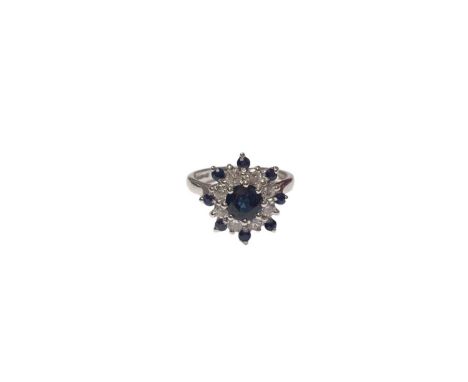 1970s 18ct white gold sapphire and diamond flower head cluster ring, size M½Hallmarked London 1977.Weight 5 grams.