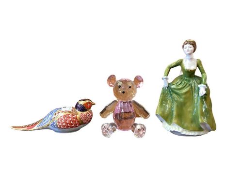 Royal Crown Derby Pheasant, Coalport figure of a lady, Swarovski Teddy Bear and a bronzed Regency Fine Art model of a Cheetah