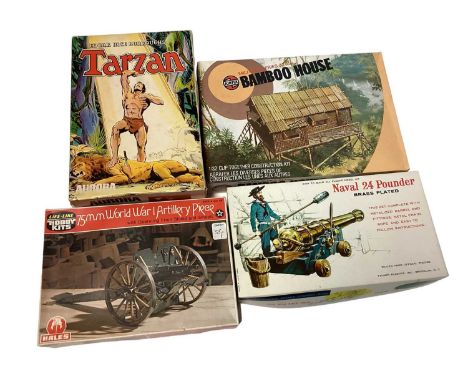 Selection of model kits including Naval 24 Pounder, 75mm WWI Artillery Piper, Military Bamboo House, Tarzan and several horse