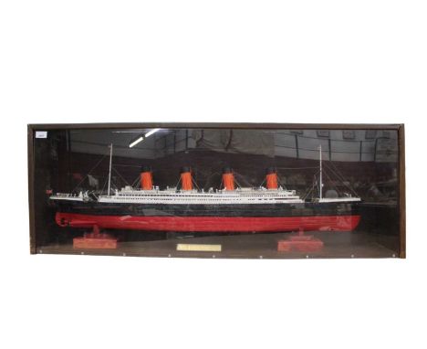 Cased scratch built model of RMS Titanic, the case 123cm x 43cm