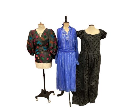 Selection of 1980's clothing including black evening gown with black velvet dots, black full length skirt with stiffened tier