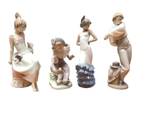 Lladro porcelain figure of a seated girl with two kittens on her lap, no,5443, together with three NAO figures (4)All in very