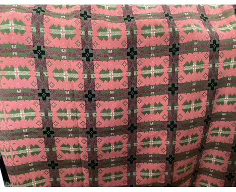 Welsh woven tapestry wool blanket by Brynkir in pink and green. 240cm x 230 cm approximately.Overall condition of 2115 is ver