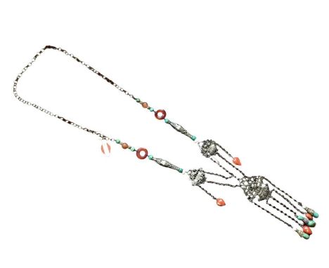 Old Chinese white metal necklace with pierced floral scroll panels, carved coral and turquoise drops suspended from chains an