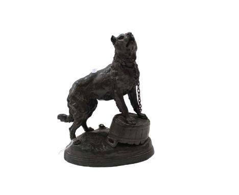 Bronzed sculpture of a dog on a chain, signed C. Valton, with glass eyes, 28cm high