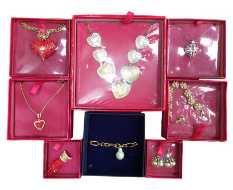 Collection of eight 1980s Butler &amp; Wilson novelty jewellery including diamanté heart pendant necklaces, diamanté hand bro
