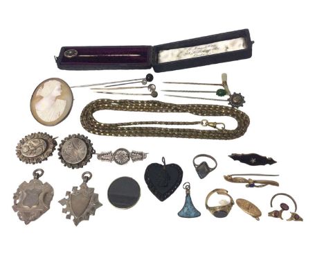 Group of antique and later jewellery including Victorian silver brooches, two silver fobs, carved shell cameo brooch, various