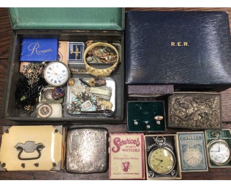 Services Army pocket watch and Cymrex pocket watch both in original boxes, one other plated pocket watch, silver cigarette ca