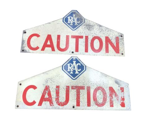 Two Vintage RAC painted metal Caution signs