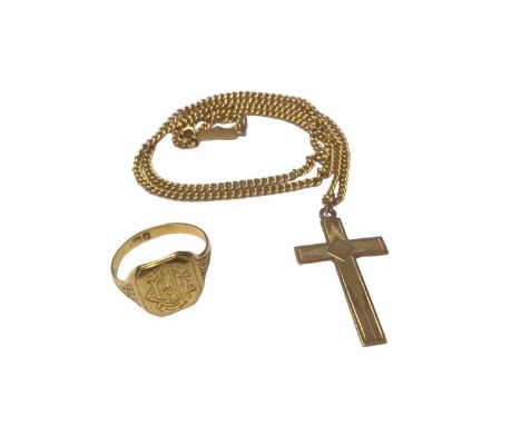 9ct gold cross pendant on 14ct gold chain, 43.5cm long and 9ct gold signet ring, size K½ (2)Unable to take cross off chain- t