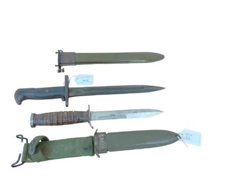 Second World War American bayonet with scabbard dated 1943 and American fighting knife in sheath with canvas frog (2)