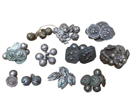 Collection of old Chinese white metal buttons including four in the form of beetles with enamel decoration, others depicting 