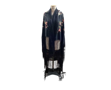 Chinese piano shawl with embroidered cherry blossom and bird decoration, 130cm x 130 cm approximately ( excluding the fringin