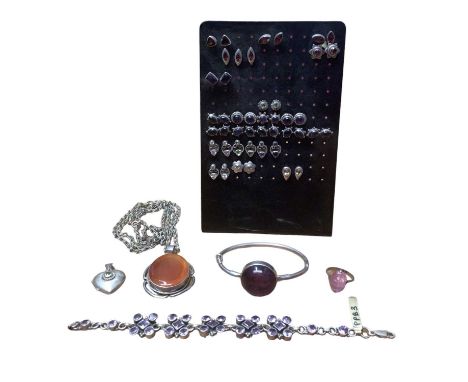 Group of silver gem set stud earrings, silver bangle set with an amethyst cabochon, similar bracelet, silver mounted carnelia