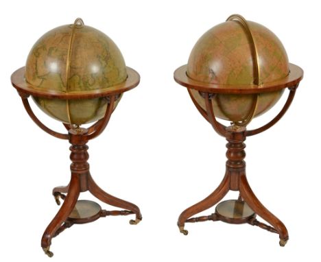 A fine pair of Victorian 18 inch floor-standing library globes J  A fine pair of Victorian 18 inch floor-standing library glo