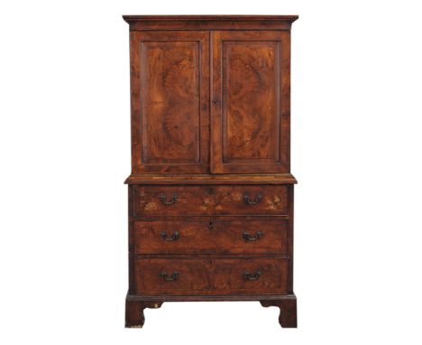 A George II burr walnut and featherbanded secretaire cabinet on chest  A George II burr walnut and featherbanded secretaire c