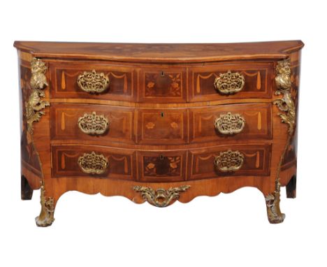 A George III harewood, mahogany, and marquetry serpentine commode , circa 1770 A George III harewood, mahogany, and marquetry