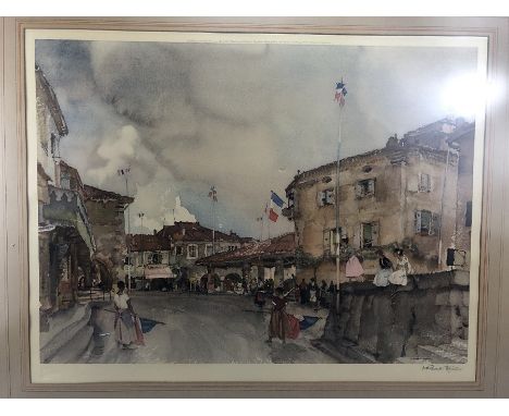 SIR WILLIAM RUSSELL FLINT, signed print, French town / village scene of women with flags approx 63cm x 49cm