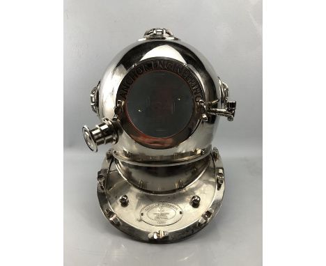 Large decorative chrome coloured divers helmet marked 'Anchor Engineering, Karl Heinke, Munich Germany, 1921'. Approx. 43cm t
