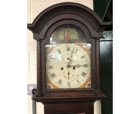 Eight day longcase clock with white face with black roman numerals, image of a harpist, with weights and pendulum