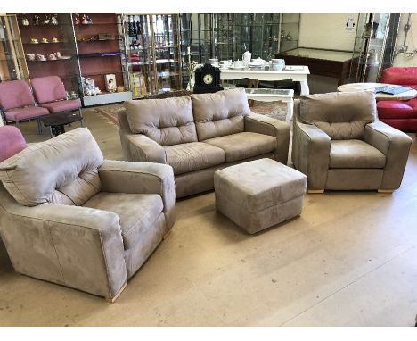 Contemporary fawn suede four piece suite comprising two seater sofa, two armchairs and footstool