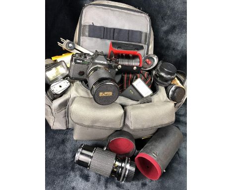 Olympus OM-2 camera with lenses, bag and accessories