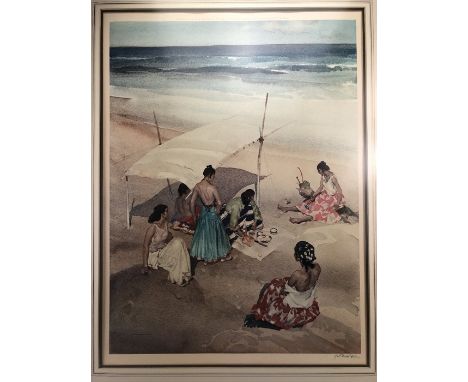 SIR WILLIAM RUSSELL FLINT, signed print, women picnicking on a beach, approx 53cm x 72cm