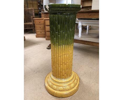 Ceramic jardiniere stand with bamboo design and yellow to green colourway, approx height 80cm (A/F)