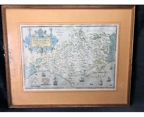 Framed limited edition print of map of 'Dorcestriae', Dorset  - taken from Christopher Saxton's atlas of England - 61/500 app