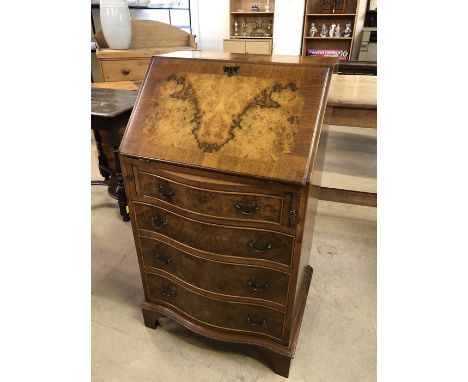 Reprodux by Bevan Funnell Ltd - small reproduction mahogany bureau with four serpentine drawers, bracket feet and green leath