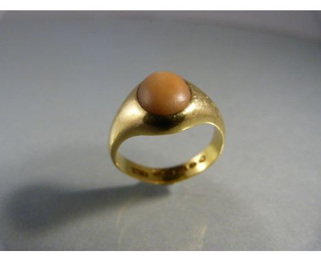 22ct Gold Victorian (Birmingham 1878? Hallmark) ‘Pinkie’ ring approx: 12.25mm wide at the head. There is a cabochon Coral sto