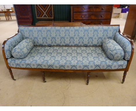 Queen Anne Mahogany three seater sofa with blue upholstered fabrics. Seat and back has lattice work with Sheraton style legs 