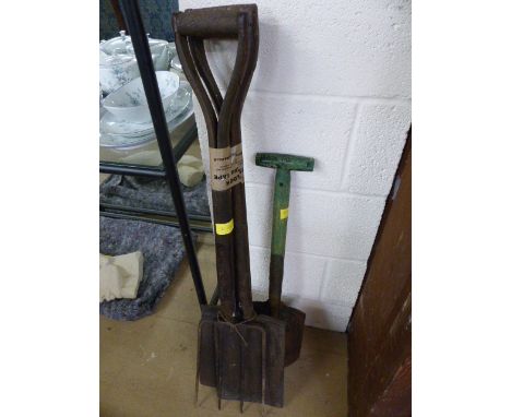 Military issue shovels (2) and Fork - all marked with the military arrow.