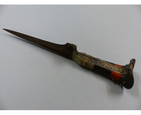 Middle Eastern horn handled dagger (no scabbard) The fitted handle is etched and decorated highly with floral designs and inl