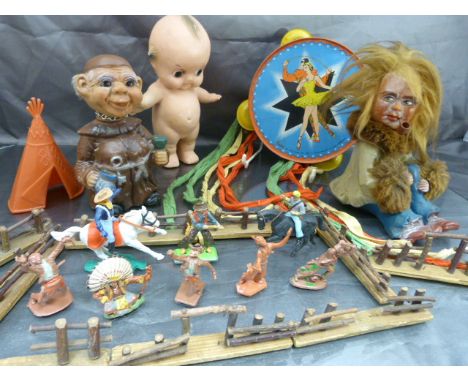 Collection of Vintage toys to include a Chad Valley Tambourine, Wild West early plastic figures, Heico Troll of a Jovial Monk