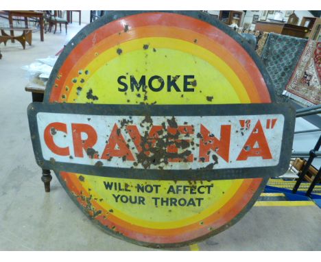 20" approx diameter enamel sign for 'Craven A Smoking will not affect your throat' - with severe damage.