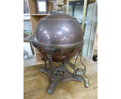 Unusual copper and brass spherical Samovar on long thin tapering legs leading to claw feet. Ring handles to side. Few pieces 