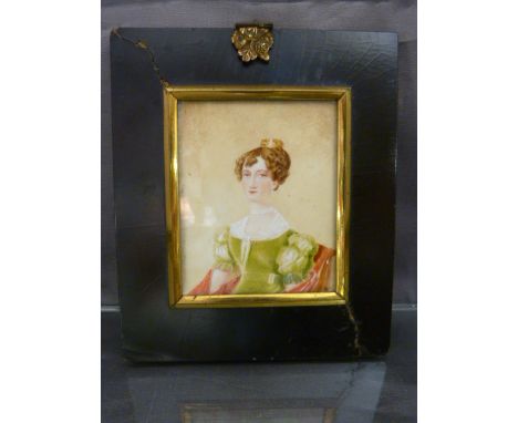 Miniature portrait of a lady on Ivory in oil. c. early 19th century in a black frame