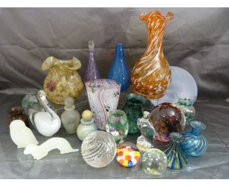 An iridescent poss Loetz glass vase with pinched tri-form rim, Three pieces of portmeirion glass, two pieces of Valentina Mur