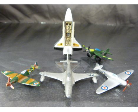 Five Diecast aeroplanes to include - Corgi Space Shuttle, Dinky Shooting star, Dinky Spitfire, Dinky Hawker Hurricane and one